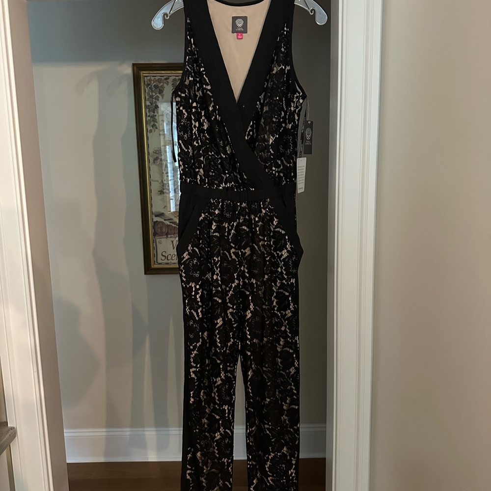 Vince Camuto Black and Beige Lace Jumpsuit
